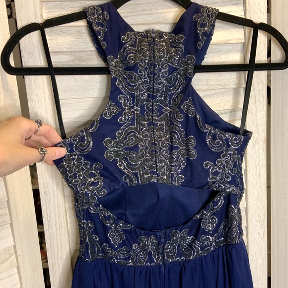 Xtraordinary Royal Blue Sparkly Beaded Filigree Halter Sheer High Low Prom Dress - Picture 7 of 11